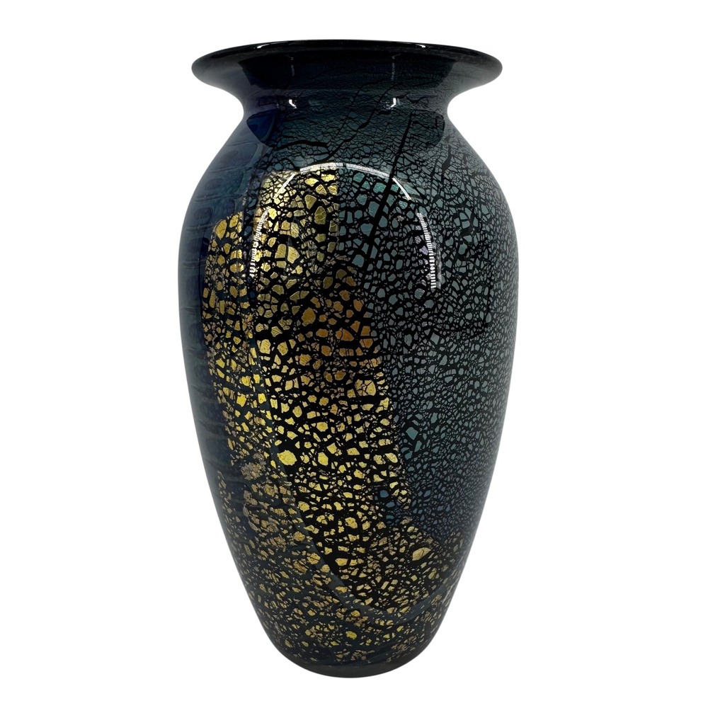 Robert Eickholt Signed Studio Art Glass Vase Blue Gold Leaf Iridescent Crackle
